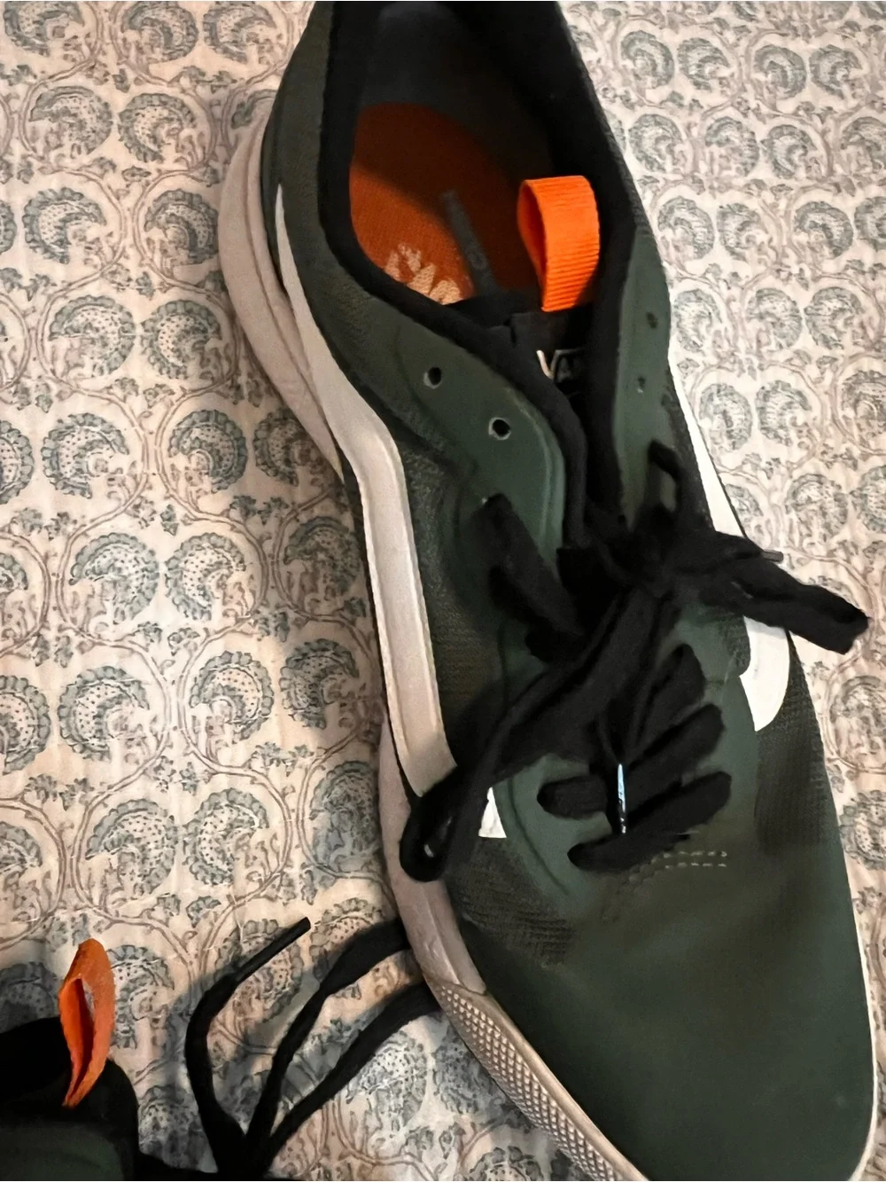 Vans Olive Green Low-Top Sneakers with White Side Stripe and Orange Accents